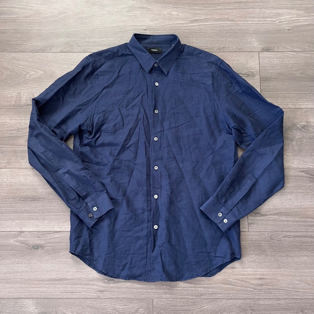 Theory Mens Irving Ramiro Navy Blue Linen Cotton Button Down Shirt Size M
